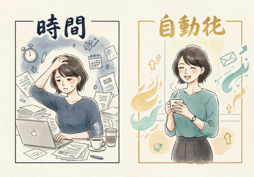 左側（時間）：書類やパソコンに囲まれ、時計やカレンダーに追われながら疲れた表情で働く起業家 右側（自動化）：コーヒーを片手に笑顔でスマホを見る余裕のある起業家。周囲には自動化された仕組み（メール、矢印、成長グラフ）が優しく流れている